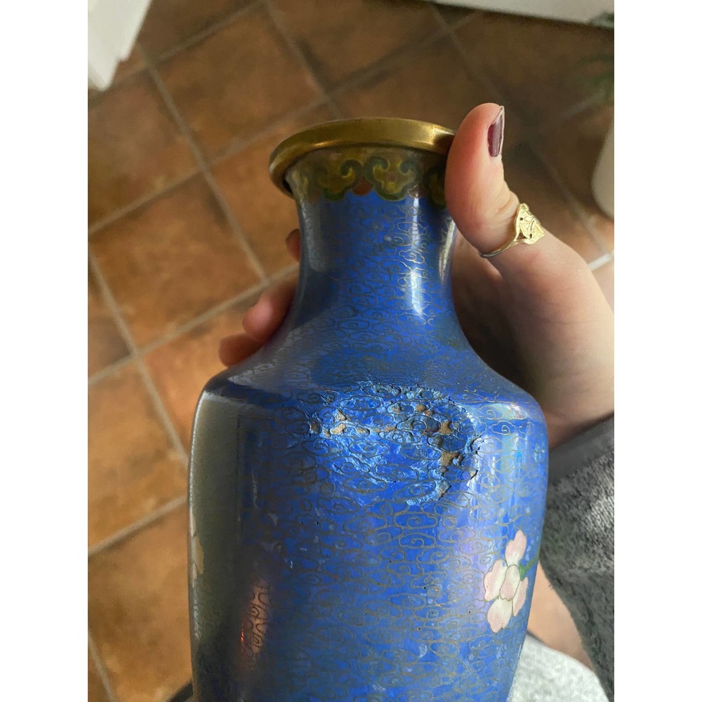 Blue Antique Vintage Japanese Hand Painted Floral Vase - Picture 6 of 7